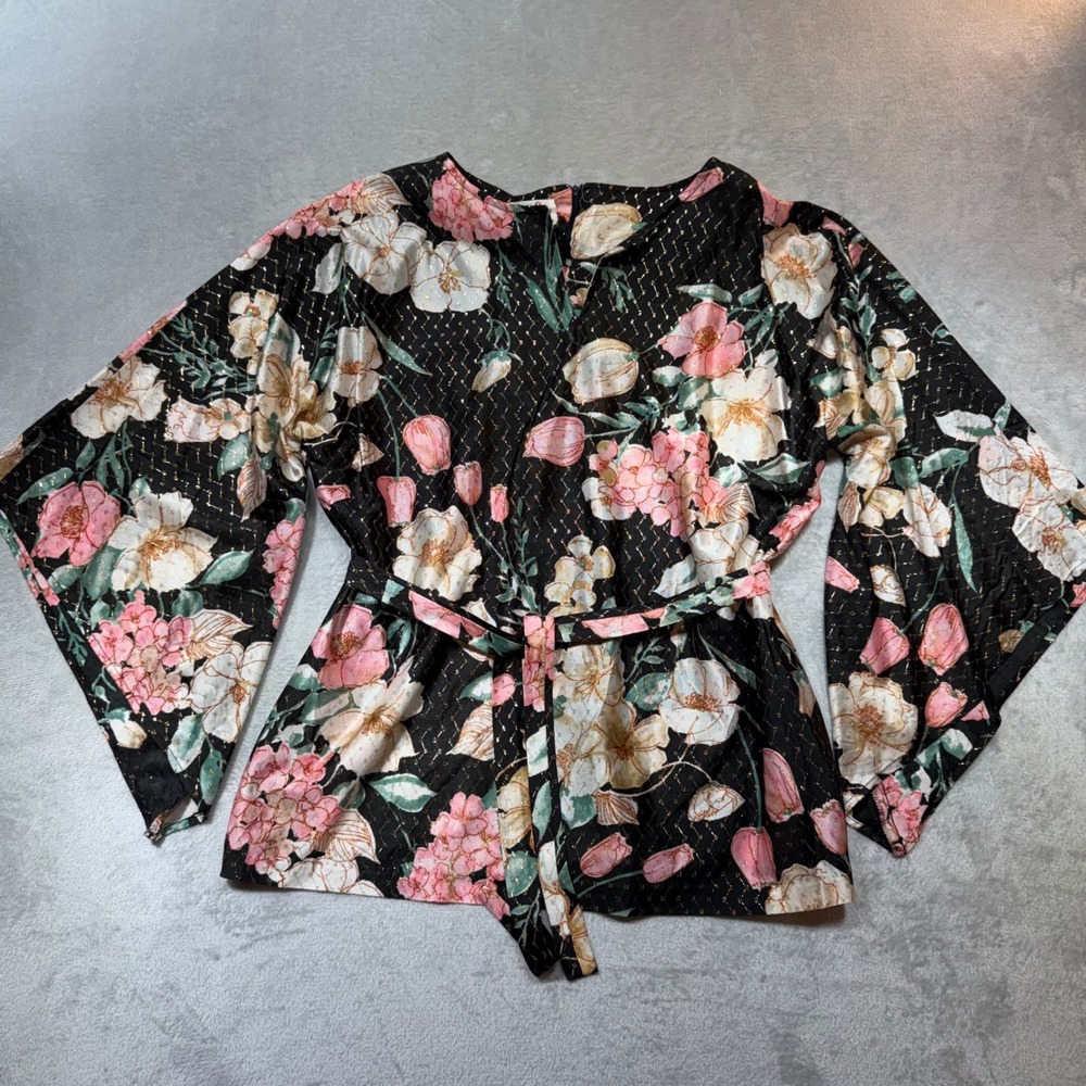 Vintage‎ Shaker Sport Floral Metallic Gold Bell Sleeve Wrap Top Black Pink 38